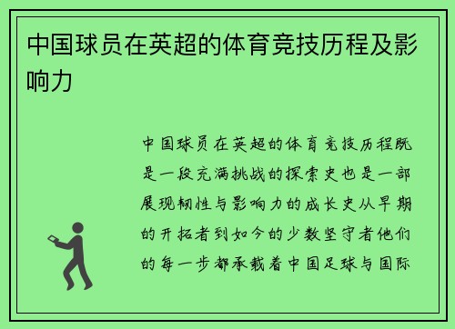 中国球员在英超的体育竞技历程及影响力